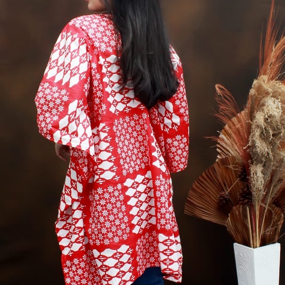 0127/ Red & White Batik Pattern Short Kaftan, Cotton Dress - Picture 7 of 14